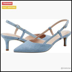 Denim Slingback Pumps with Skinny Heel and Pointed Toe